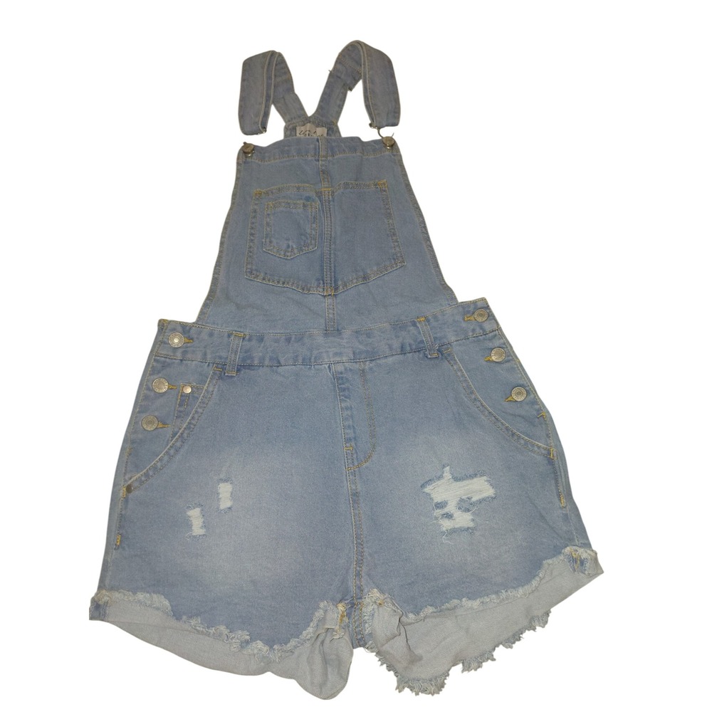 Love Tree Denim Womens Distressed Denim Shortalls Light Wash Blue Size Small